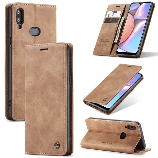 CASEME 013 Series Auto-absorbed Leather Wallet Case with Stand Phone Cover for Samsung Galaxy A10s - Brown