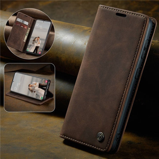CASEME 013 Series Auto-absorbed Leather Wallet Automatic Closing Stand Case for Samsung Galaxy A51 - Coffee