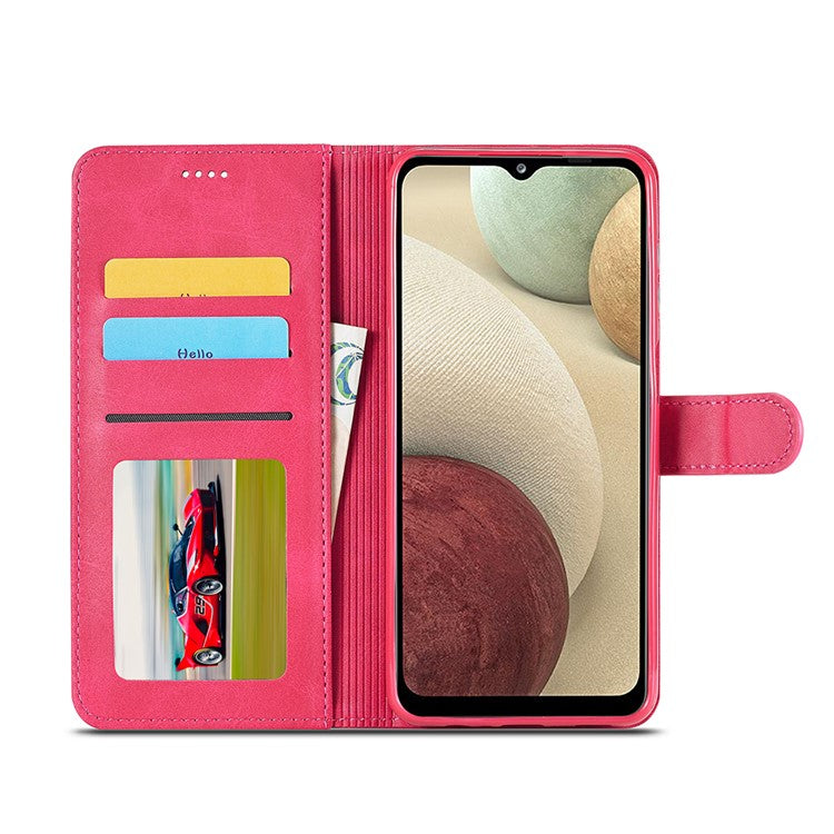LC.IMEEKE Leather Protector Shell for Samsung Galaxy A12 with Separated Wallet Stand Features Design - Rose