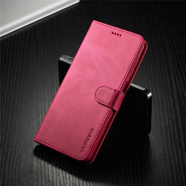 LC.IMEEKE Leather Protector Shell for Samsung Galaxy A12 with Separated Wallet Stand Features Design - Rose