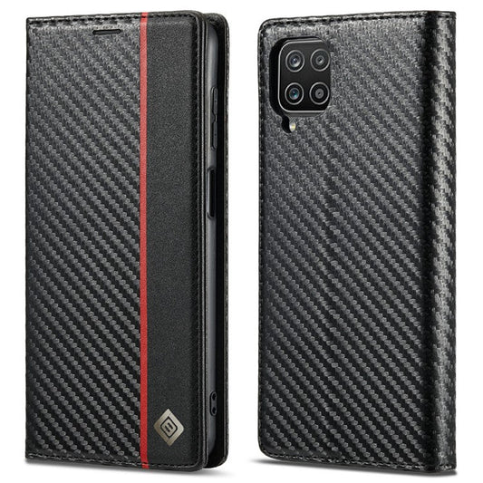 LC.IMEEKE Carbon Fiber Texture PU Leather Phone Case Shell with Stand Wallet for Samsung Galaxy A22 4G (EU Version) - Vertical Red Stripe