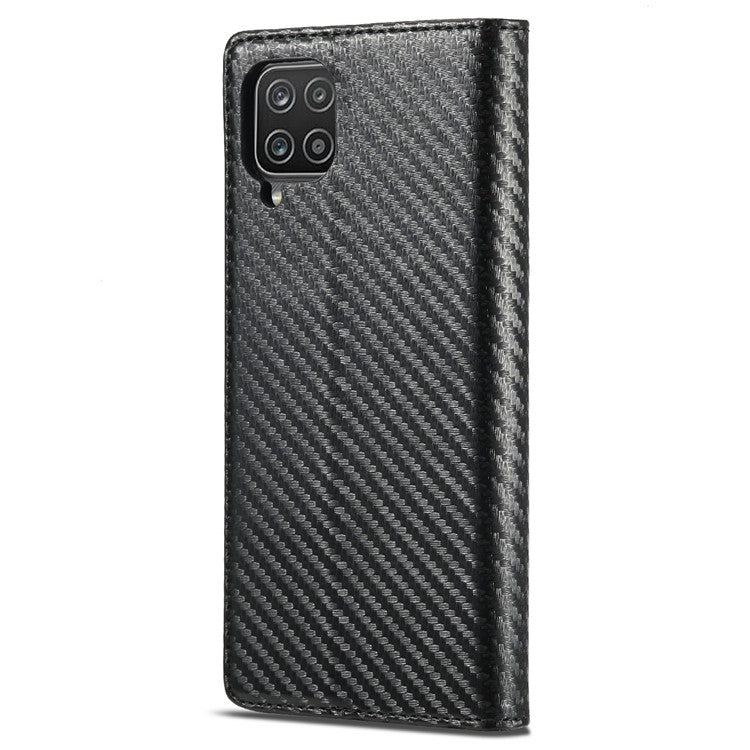 LC.IMEEKE Carbon Fiber Texture PU Leather Phone Case Shell with Stand Wallet for Samsung Galaxy A22 4G (EU Version) - Vertical Red Stripe