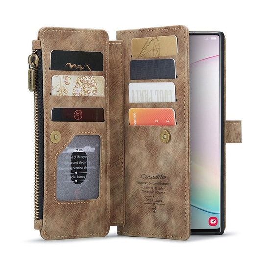 CASEME C30 Series Non-slip Grip PU Leather Flip Case Stand Wallet Cover with Multiple Card Slots and Zipper Pocket for Samsung Galaxy Note 10 Plus/Note 10 Plus 5G - Brown