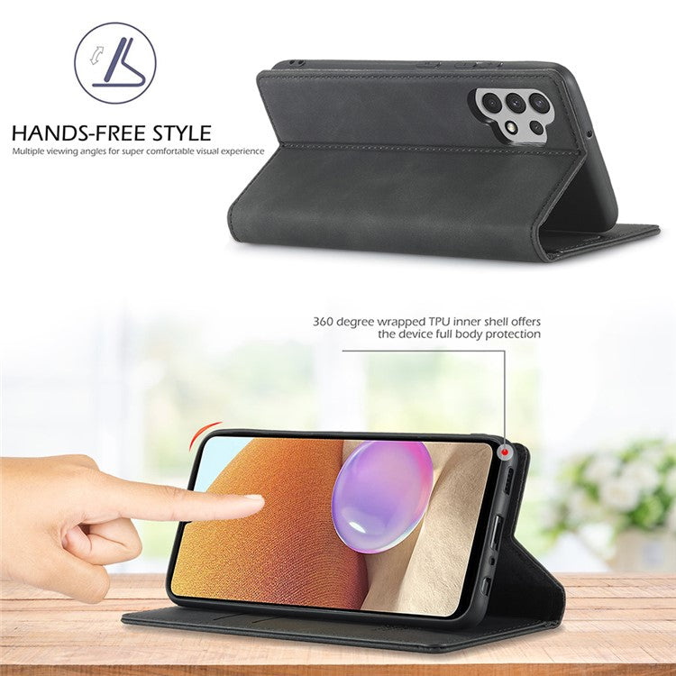 LC.IMEEKE Leather Well-Protected Anti-Fall Wallet Design Strong Magnetic Phone Shell Case with Stand for Samsung Galaxy A32 5G / M32 5G - Black