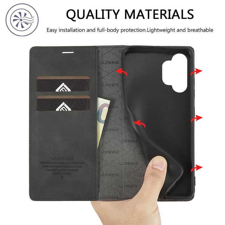 LC.IMEEKE Leather Well-Protected Anti-Fall Wallet Design Strong Magnetic Phone Shell Case with Stand for Samsung Galaxy A32 5G / M32 5G - Black