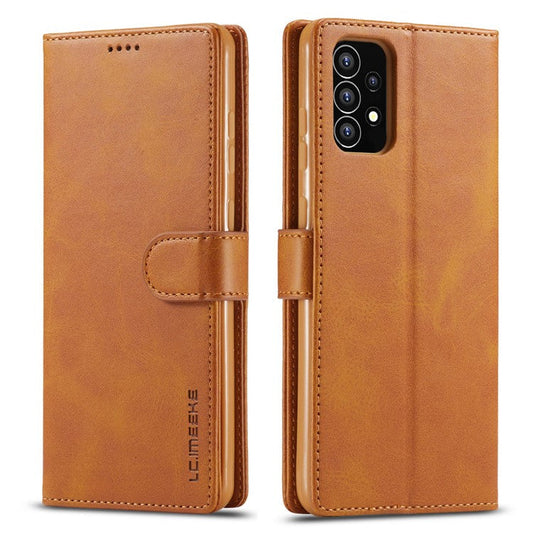 LC.IMEEKE Shockproof Textured Wallet PU Leather Flip Folio Stand Case Mobile Phone Case Cover for Samsung Galaxy A53 5G - Light Brown