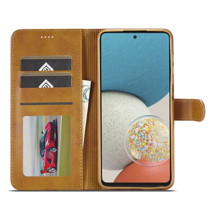 LC.IMEEKE Shockproof Textured Wallet PU Leather Flip Folio Stand Case Mobile Phone Case Cover for Samsung Galaxy A53 5G - Light Brown