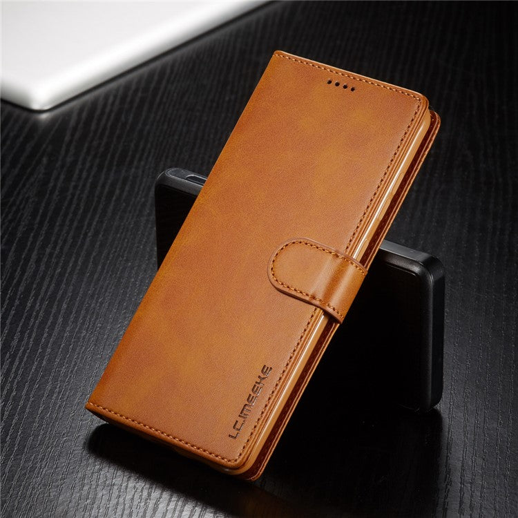 LC.IMEEKE Shockproof Textured Wallet PU Leather Flip Folio Stand Case Mobile Phone Case Cover for Samsung Galaxy A53 5G - Light Brown
