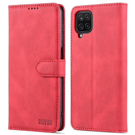AZNS Magnetic Clasp Leather Case Scratch-resistant Wallet Stand Phone Cover for Samsung Galaxy A12 - Red