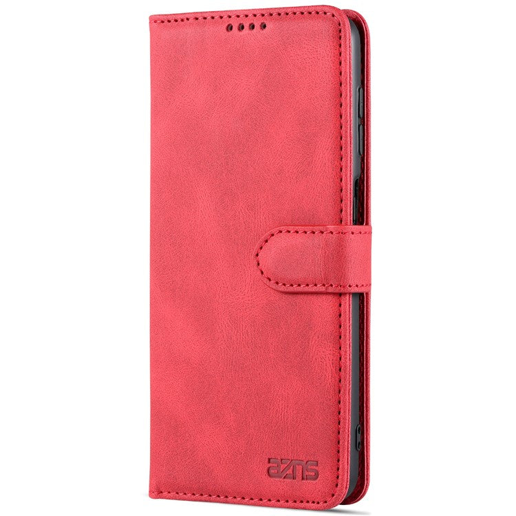AZNS Magnetic Clasp Leather Case Scratch-resistant Wallet Stand Phone Cover for Samsung Galaxy A12 - Red