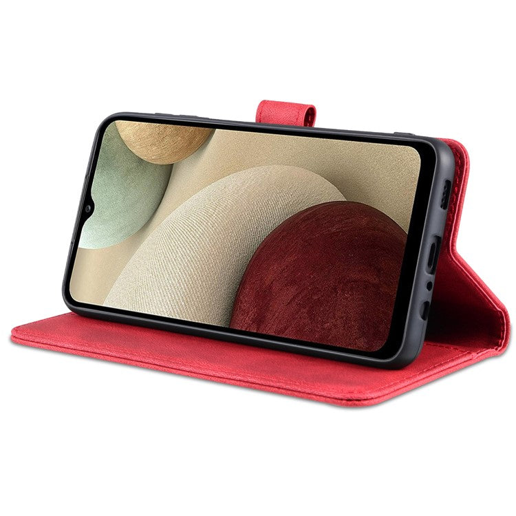 AZNS Magnetic Clasp Leather Case Scratch-resistant Wallet Stand Phone Cover for Samsung Galaxy A12 - Red