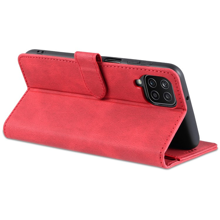AZNS Magnetic Clasp Leather Case Scratch-resistant Wallet Stand Phone Cover for Samsung Galaxy A12 - Red