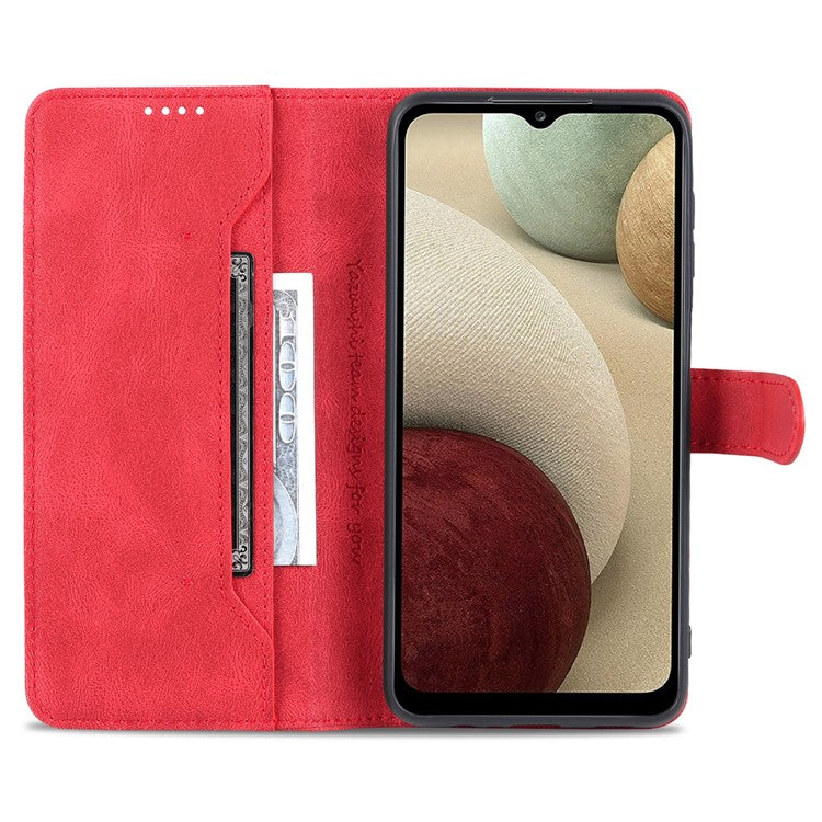 AZNS Magnetic Clasp Leather Case Scratch-resistant Wallet Stand Phone Cover for Samsung Galaxy A12 - Red