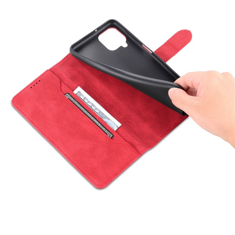 AZNS Magnetic Clasp Leather Case Scratch-resistant Wallet Stand Phone Cover for Samsung Galaxy A12 - Red