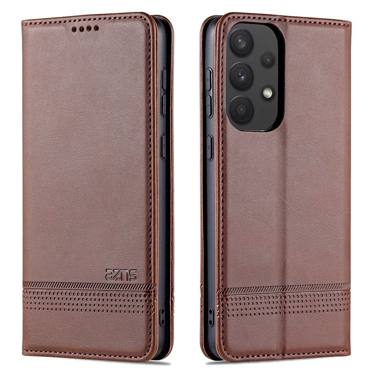 AZNS Phone Bag Case Strong Magnetic Auto-absorbed Cover PU Leather Stand Wallet Smartphone Case for Samsung Galaxy A33 5G - Coffee