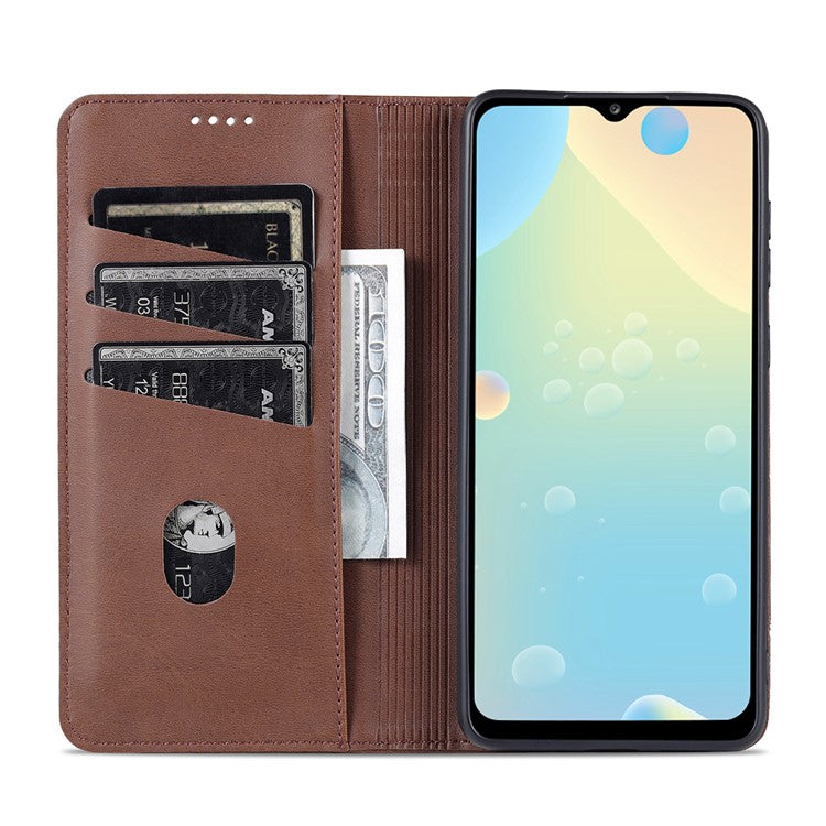 AZNS Phone Bag Case Strong Magnetic Auto-absorbed Cover PU Leather Stand Wallet Smartphone Case for Samsung Galaxy A33 5G - Coffee