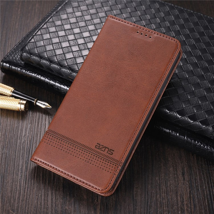 AZNS Phone Bag Case Strong Magnetic Auto-absorbed Cover PU Leather Stand Wallet Smartphone Case for Samsung Galaxy A33 5G - Coffee