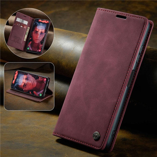 CASEME 013 Series Cell Phone Case Bag for Samsung Galaxy A13 4G, PU Leather Wallet Magnetic Design Card Slots Stand Phone Cover   Red