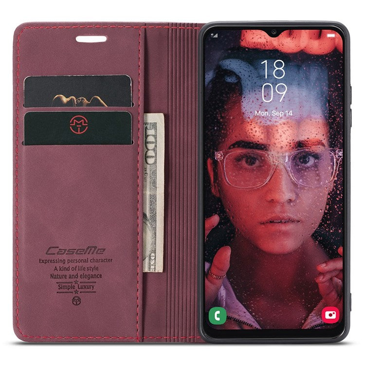 CASEME 013 Series Cell Phone Case Bag for Samsung Galaxy A13 4G, PU Leather Wallet Magnetic Design Card Slots Stand Phone Cover   Red