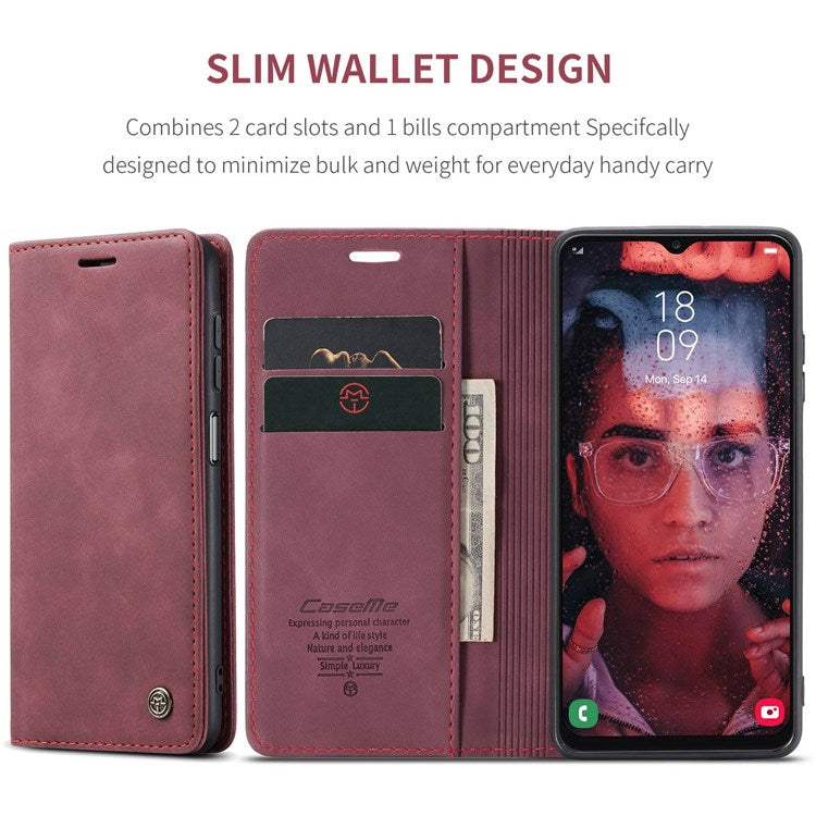 CASEME 013 Series Cell Phone Case Bag for Samsung Galaxy A13 4G, PU Leather Wallet Magnetic Design Card Slots Stand Phone Cover   Red