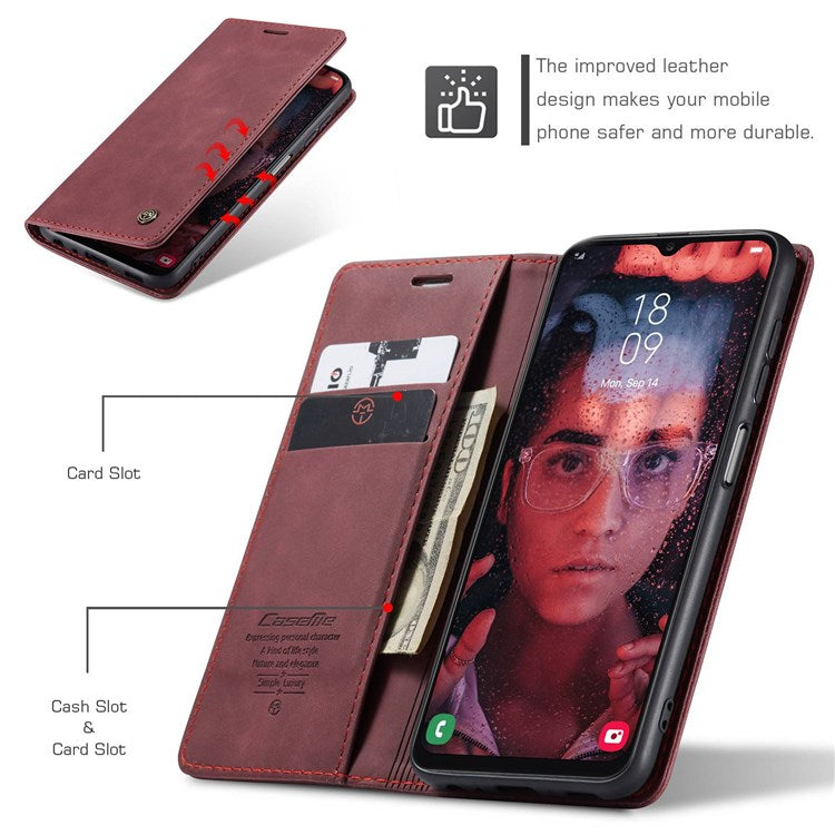 CASEME 013 Series Cell Phone Case Bag for Samsung Galaxy A13 4G, PU Leather Wallet Magnetic Design Card Slots Stand Phone Cover   Red