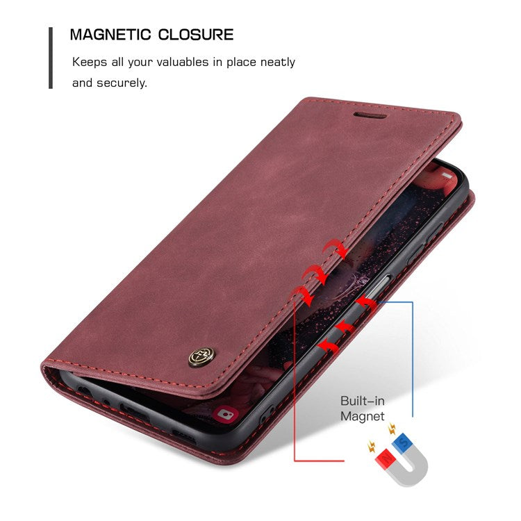 CASEME 013 Series Cell Phone Case Bag for Samsung Galaxy A13 4G, PU Leather Wallet Magnetic Design Card Slots Stand Phone Cover   Red