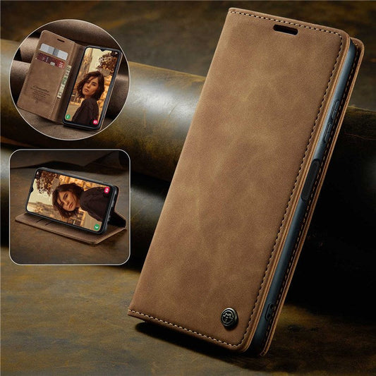 CASEME 013 Series Cell Phone Case Bag for Samsung Galaxy A13 4G, PU Leather Wallet Magnetic Design Card Slots Stand Phone Cover   Brown