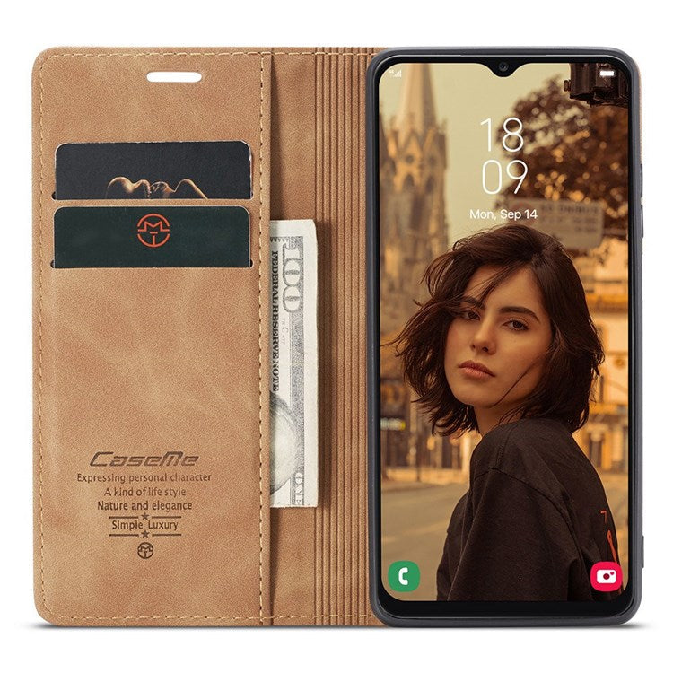 CASEME 013 Series Cell Phone Case Bag for Samsung Galaxy A13 4G, PU Leather Wallet Magnetic Design Card Slots Stand Phone Cover   Brown