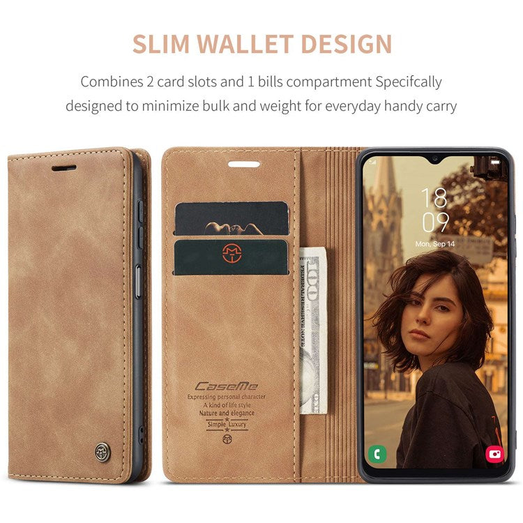 CASEME 013 Series Cell Phone Case Bag for Samsung Galaxy A13 4G, PU Leather Wallet Magnetic Design Card Slots Stand Phone Cover   Brown