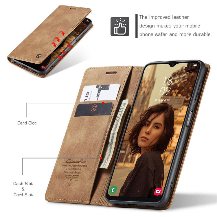 CASEME 013 Series Cell Phone Case Bag for Samsung Galaxy A13 4G, PU Leather Wallet Magnetic Design Card Slots Stand Phone Cover   Brown