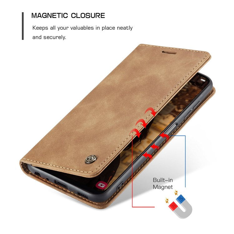 CASEME 013 Series Cell Phone Case Bag for Samsung Galaxy A13 4G, PU Leather Wallet Magnetic Design Card Slots Stand Phone Cover   Brown