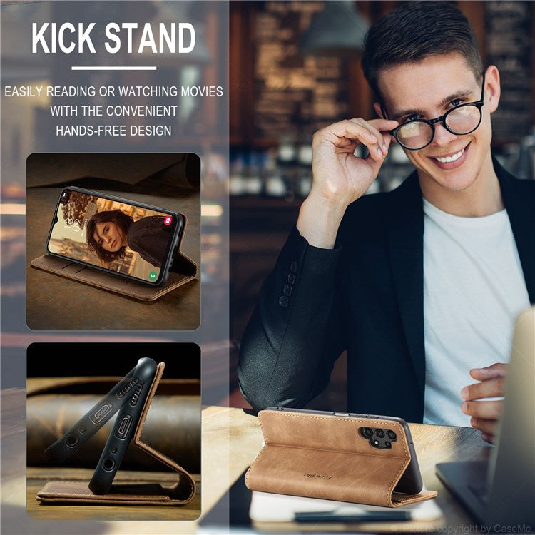 CASEME 013 Series Cell Phone Case Bag for Samsung Galaxy A13 4G, PU Leather Wallet Magnetic Design Card Slots Stand Phone Cover   Brown