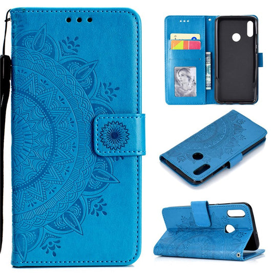 Imprint Flower Stand Leather Wallet Case for Huawei P Smart (2019) / Honor 10 Lite - Blue