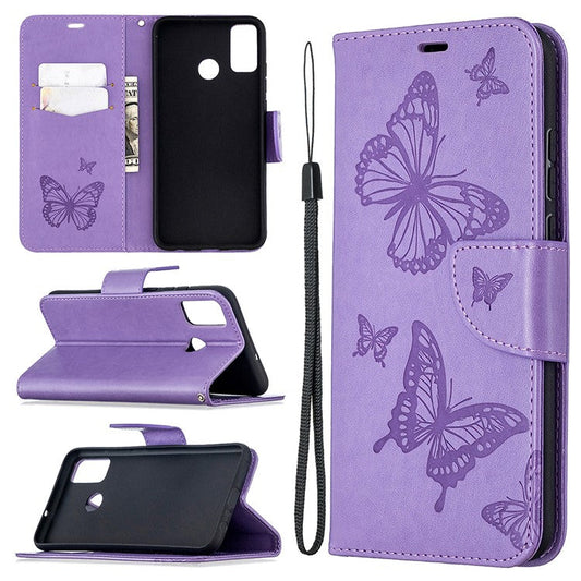 Imprint Butterfly Wallet Flip Leather Cell Phone Case for Honor 9X Lite - Purple