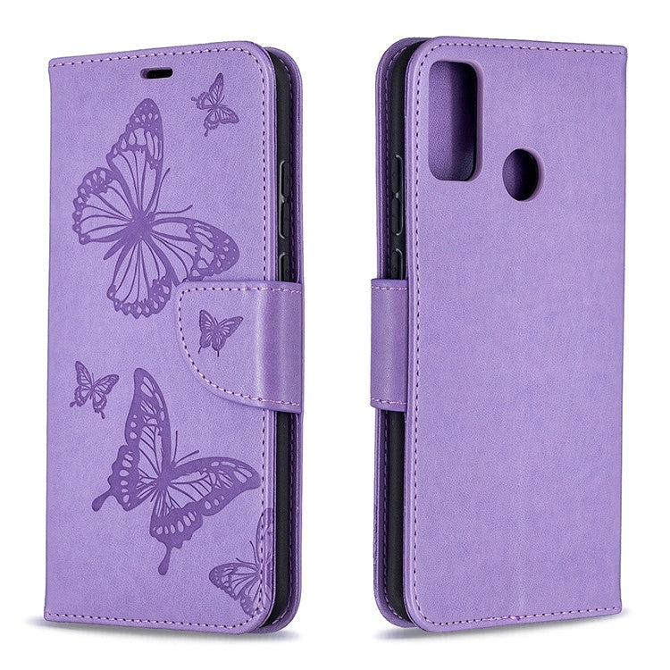 Imprint Butterfly Wallet Flip Leather Cell Phone Case for Honor 9X Lite - Purple