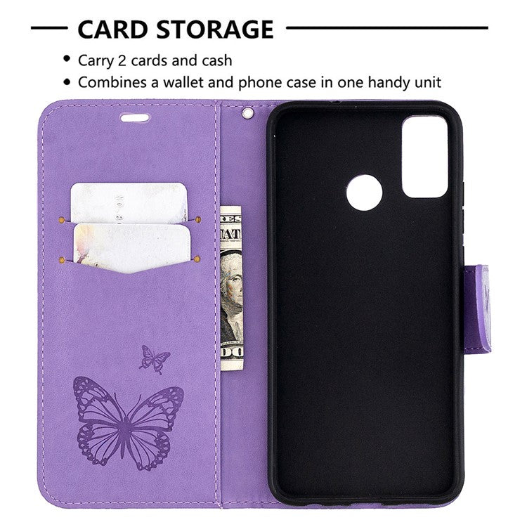 Imprint Butterfly Wallet Flip Leather Cell Phone Case for Honor 9X Lite - Purple