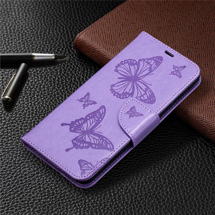 Imprint Butterfly Wallet Flip Leather Cell Phone Case for Honor 9X Lite - Purple