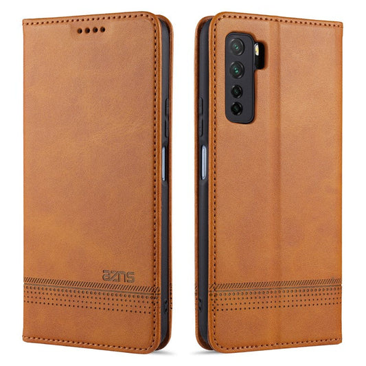 AZNS Magnetic Absorbed Leather Wallet Cover Case for Huawei Nova 7 SE / Huawei P40 Lite 5G (European Version) - Brown