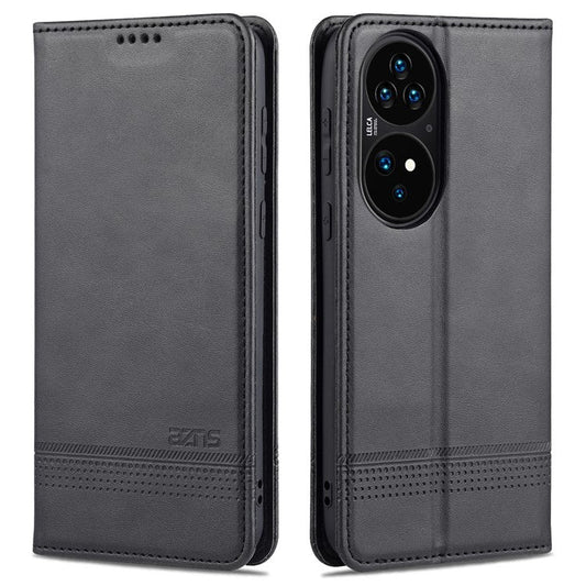 AZNS PU Leather Flip Book Shockproof Auto-absorbed Magnetic Case with Stand for Huawei P50 Pro - Black