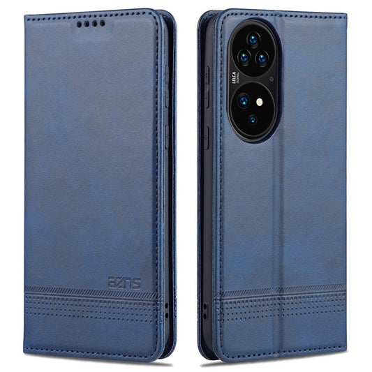 AZNS PU Leather Flip Book Shockproof Auto-absorbed Magnetic Case with Stand for Huawei P50 Pro - Blue