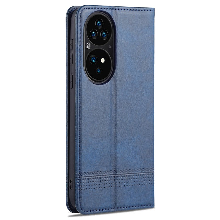 AZNS PU Leather Flip Book Shockproof Auto-absorbed Magnetic Case with Stand for Huawei P50 Pro - Blue
