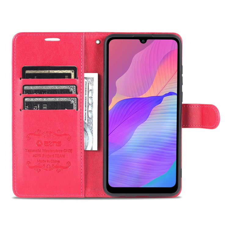AZNS Textured PU Leather Wallet Case Inner TPU Magnetic Protective Flip Cover with Stand Function for Huawei Enjoy 20e - Red