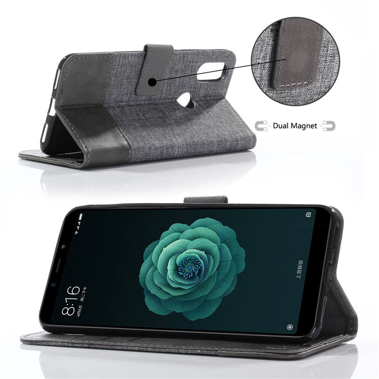 MUXMA PU Leather Canvas Splicing Wallet Flip Casing for Xiaomi Mi A2 / Mi 6X - Grey