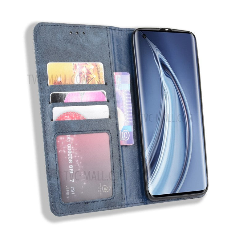 Auto-absorbed Retro Leather Wallet Case Shell for Xiaomi Mi 10 5G/Mi 10 Pro 5G - Blue