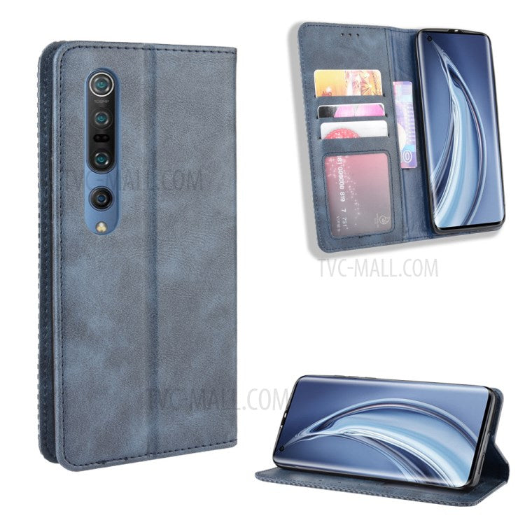 Auto-absorbed Retro Leather Wallet Case Shell for Xiaomi Mi 10 5G/Mi 10 Pro 5G - Blue