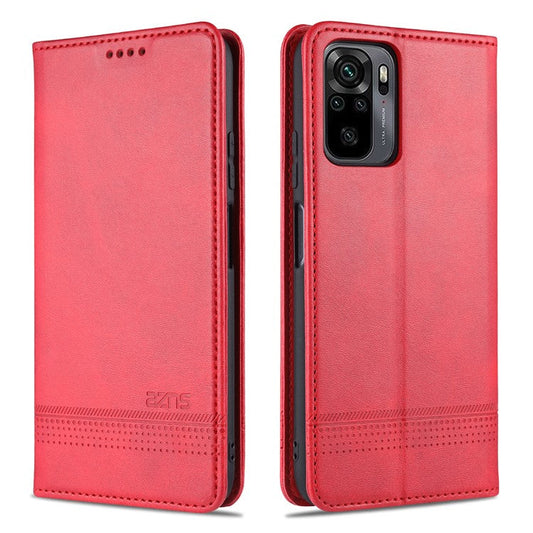 AZNS For Xiaomi Redmi Note 10 4G / Redmi Note 10S / Poco M5s 4G Wallet Phone Case Magnetic Absorption Folding Stand Flip Cover PU Leather Phone Protector - Red