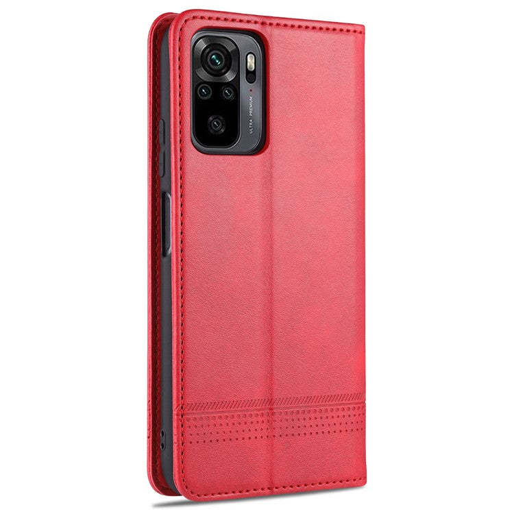 AZNS For Xiaomi Redmi Note 10 4G / Redmi Note 10S / Poco M5s 4G Wallet Phone Case Magnetic Absorption Folding Stand Flip Cover PU Leather Phone Protector - Red