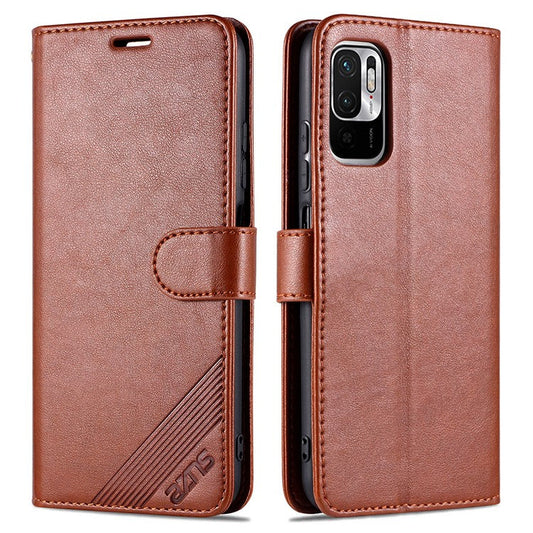 AZNS PU Leather Phone Wallet Stand Case Cover for Xiaomi Redmi Note 10 5G/Poco M3 Pro 4G/5G - Brown