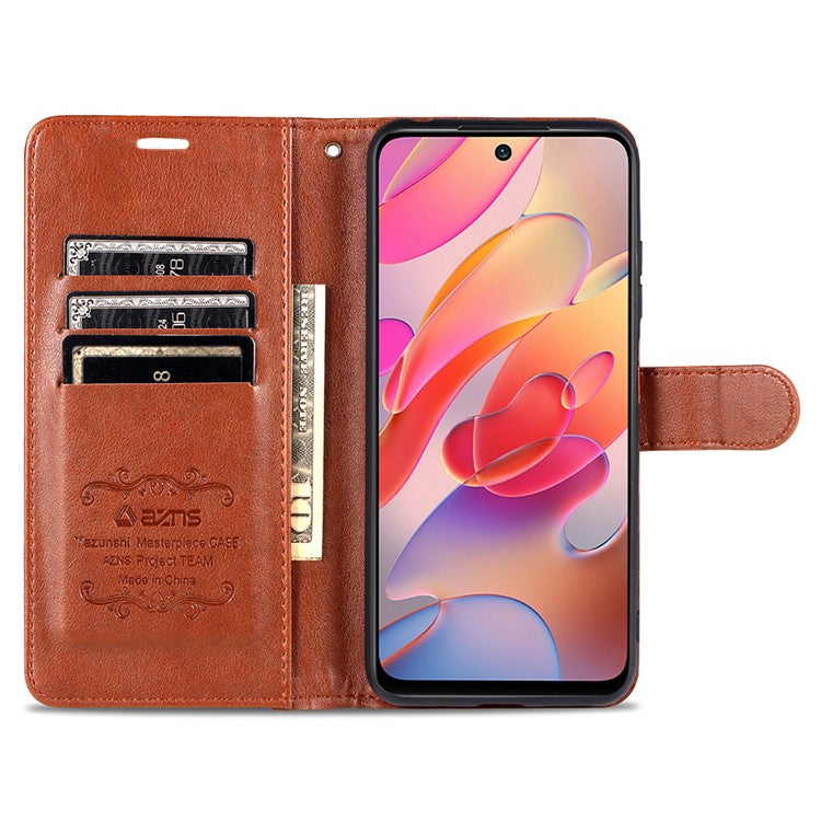 AZNS PU Leather Phone Wallet Stand Case Cover for Xiaomi Redmi Note 10 5G/Poco M3 Pro 4G/5G - Brown