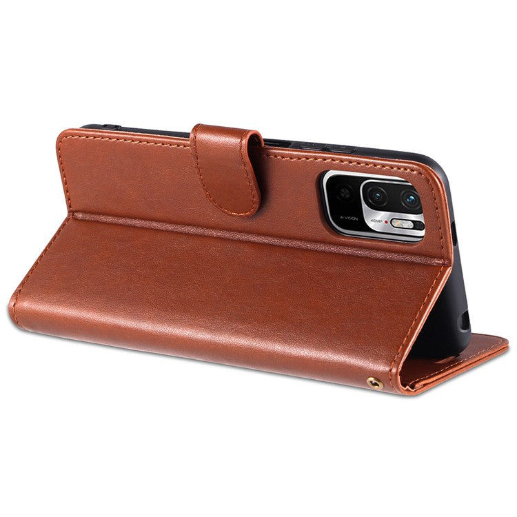 AZNS PU Leather Phone Wallet Stand Case Cover for Xiaomi Redmi Note 10 5G/Poco M3 Pro 4G/5G - Brown